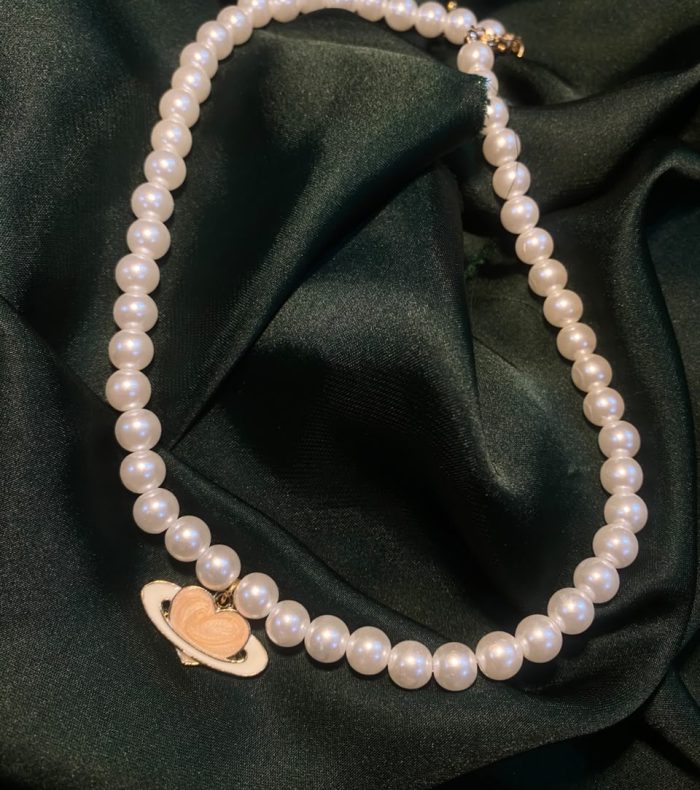 Pearl Strand Necklace with Enamel Saturn Heart Charm