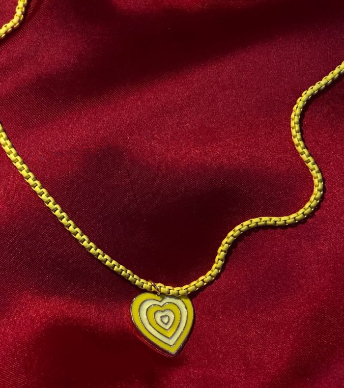 Yellow Enamel Box Chain Necklace with Heart Pendant